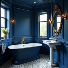 Transform your space with these stunning blue bathroom decor ideas featuring rich navy walls and luxurious gold accents. The freestanding tub and ornate mirror add a touch of elegance, while the classic pedestal sink complements the sophisticated design. Perfect for those seeking a blend of modern style and timeless charm, this decor idea brings a serene and opulent atmosphere to any bathroom. Fancy Office, Navy Walls, Ornate Mirror, Freestanding Tub, Pedestal Sink, Blue Bathroom