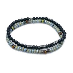 Bracelet Style A: 4mm glass speckled seed beads; gunmetal-tone disks and cylinders. Bracelet Style B: 4mm matte black onyx beads; 5x4mm faceted hematite beads; finished with a sterling silver bead. Stretch style. Perfect solo or stacked. Black Heishi Beads Bracelet With Colorful Beads, Black Hematite Beaded Bracelets With Faceted Beads, Black Hematite Faceted Beaded Bracelets, Adjustable Polished Hematite Beads, Hematite Bracelets With Faceted Round Beads, Hematite Faceted Beads Bracelet, Casual Round Beaded Hematite Bracelets, Beaded Bracelets Blue, Bracelets Minimalist