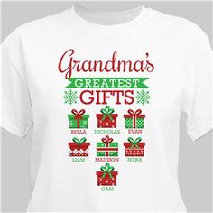 Personalized Greatest Gifts With Presents T-Shirt | GiftsForYouNow 2023 Crafts, Personalized Christmas Shirts, Cricut Shirts, Christmas Apparel, Box Icon, Christmas Gifts For Grandma, Word Art Design, Christmas Planning, Shirt Making