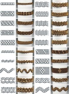 many different types of bracelets are shown in this image, including chains and beads