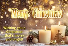 three lit candles with christmas decorations around them and the words merry christmas written in gold