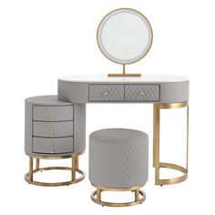 a vanity with two stools and a round mirror on the top, in front of a white background