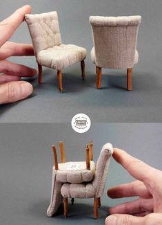 two pictures of chairs made out of fabric and wood, one with a hand pointing at the chair