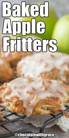 baked apple fritters on a cooling rack with apples in the background and text overlay reading baked apple fritters