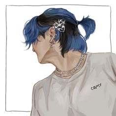 a drawing of a person with blue hair and piercings on their ears, wearing a t - shirt that says can't