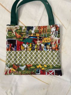 a tote bag with farm animals on it