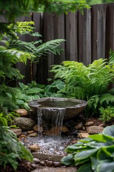 a small waterfall in the middle of a garden