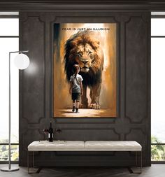 a boy standing in front of a lion painting