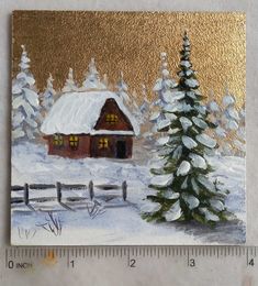 Original acrylic painting. Winter landscape. Christmas tree. Goid patal. 4x4 in. | eBay Christmas Landscape Painting, Christmas Canvas Art Easy, Acrylic Painting Winter, 4x4 Painting, Paintings Nature, Landscape House, Landscape Christmas, Pine Tree Painting, Cute Easy Paintings