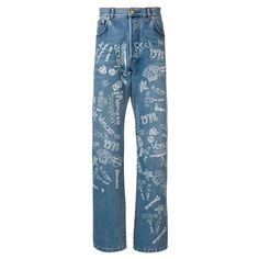 Versace Mens "Love From Donatella" Mid-Blue Doodle Graphic Mid Rise Jeans Versace goes beyond utilizing the actual brand name to represent their rich Italian heritage and contemporary design ethos through instantly-recognisable house codes. These mid-blue "Love From Donatella" jeans are crafted from cotton and feature a mid rise, a button and zip fly, a waistband with belt loops, a five pocket design, a loose fit, a regular length and an all over doodle print. Brand new with tags. Made in Italy. Doodle Jeans, Butterfly Stomach, Versace Pants, Doodle Print, Diy Jeans, Diy Clothes Videos, Italian Heritage, Painted Jeans, Christy Turlington