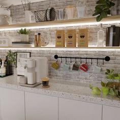 a kitchen counter with coffee cups and mugs on the shelves next to each other