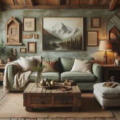 a living room filled with furniture and pictures on the wall above it's coffee table