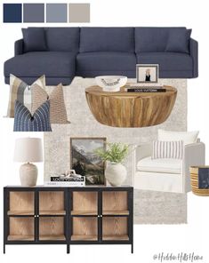 a living room with blue furniture and accessories