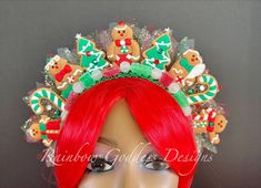 "Oh what fun it is to wear a gingerbread candy land wonderland on your head! You will definitely be the life of the party!! This super festive headdress is made up of gingerbread, candy beads, gems, tulle and lace. Made on a 1\" white satin headband covered in green sequins trim. Super cute, super sparkly, and oh so fabulous Measurements: Sits about 3\" off top of the head About 11.5\" wide Weighs about 6.4oz Colors: green, red, white, tan This adorable Christmas sugar plum fairy gingerbread hea Holiday Headpiece, Christmas Headdress, Flower Head Wreaths, Candy Beads, Mermaid Headband, Work Holiday Party, Holiday Headbands, Christmas Hair Accessories, Oh What Fun