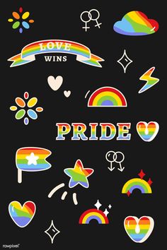 the pride stickers are all different colors and shapes, including hearts, rainbows, stars