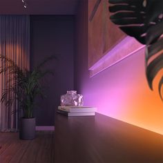 a room with purple lighting and a plant in the corner on top of a shelf