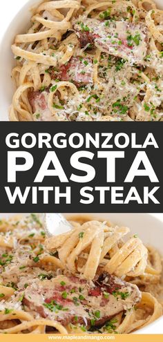 this is an image of gorgonzoza pasta with steak and parmesan cheese