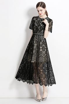 This French-Style Black Crew Neck Lace Dress is made from exquisite crochet fabric with a vintage look. Perfect for formal outings such as cocktail or wedding parties, it has a hollow out pattern for an understated, elegant style. SIZE GUIDE (CM) Size Bust Waist Sleeve Shoulder Length S 84 68 / / 123 M 88 72 / / 124 L 92 76 / / 125 XL 96 80 / / 126 XXL 100 84 / / 127 Cocktail Wedding Guest Dress, Midi Lace Dress, Minimal Dresses, Queen Summer, Lace Dress Vintage, Crochet Vintage, Summer Black Dress, Cocktail Wedding, Crochet Fabric