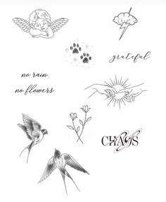 some tattoos that are on the back of a sheet of paper with words and birds