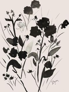 a black and white drawing of flowers on a white background