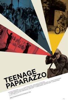 the movie poster for teenage paparazzo is shown with people walking and riding bikes