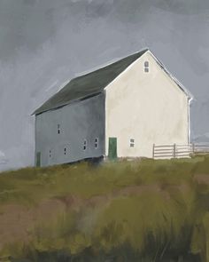 a painting of a white barn on a hill