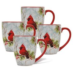 four red cardinal mugs sitting next to each other