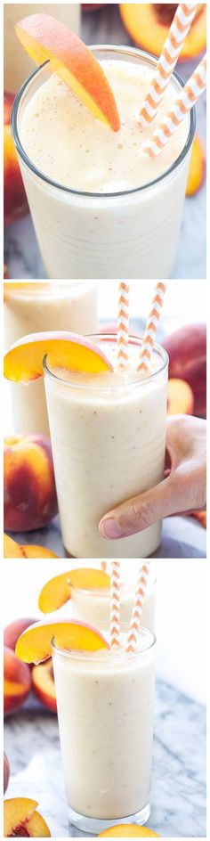 peach smoothie in a glass with two straws on the top and another side