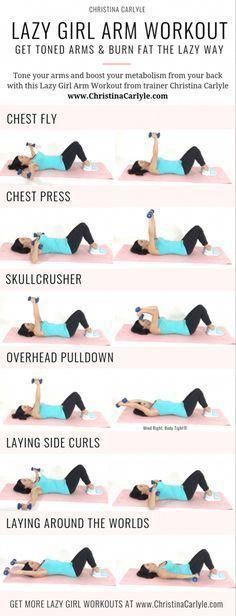 a woman is doing the lazy girl arm workout on her stomach and chest, with instructions to