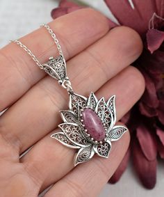 Lotus Flower Pendant, Pink Rhodonite, Magical Jewelry, Filigree Pendant, Statement Ring Silver, Flower Pendant Necklace, Rose Quartz Gemstone, Sterling Silver Filigree, Sterling Silver Necklace Pendants