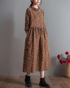 Lasaky - Floral Autumn Retro Literary Cotton Linen Dress - Loose Fit, Fashionably Elegant Linen Dresses Elegant, Cotton Linen Dresses, Color Cafe, Skirt Skirt, Basic Dress, Modern Dress, Basic Outfits, Retro Chic, Vintage Cotton