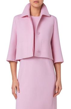 Crafted in Italy from virgin wool double-face crepe, this cropped jacket is topped with a versatile spread collar and set with trapezoid-referencing pockets. 21" length (size 12) Hidden-button placket Spread collar Elbow-length sleeves Side-seam pockets Partially lined 100% virgin wool Dry clean Made in Switzerland Designer Clothing Elegant Pink Long Sleeve Cropped Jacket, Structured Tailored Cropped Jacket, Pink Cropped Blazer For Workwear, Pink Cropped Blazer For Work, Elegant Pink Fitted Cropped Jacket, Elegant Cropped Pink Outerwear, Elegant Pink Cropped Outerwear, Pink Cropped Outerwear For Work, Cropped Pink Outerwear For Work