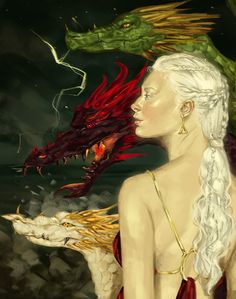 a painting of a woman with white hair and a dragon's head on her shoulders