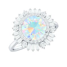 Product Details Make a bold fashion statement with this stunning cocktail ring. The center piece is a round cut Ethiopian opal, surrounded by a double halo of baguette and round moissanite stones for added sparkle. Crafted from luxurious gold, this ring is the perfect accessory for a special evening. With a total weight of 3 carats and AAA quality, you can be confident in the beauty and durability of this ring. Each gemstone is certified and subject to rigorous quality control for your peace of mind. Product Information SKU SHP-RINGS0821220692 Width 12.5 mm Height 5 mm Weight 2.16 gm (Approximate) ETHIOPIAN OPAL INFORMATION No.of Stones 1 Pieces Total Weight 2.00 Carat (Approximate) Dimension(approx) Round-8X8 mm-1 Pcs Color Rainbow Cut Brilliant Shape Round Setting Type Prong-Setting Qual Engagement Rings Opal, Double Halo, 18k Yellow Gold Ring, Signature Jewelry, Round Moissanite, Timeless Jewelry, October Birth Stone, Conflict Free Diamonds, Opal Gemstone