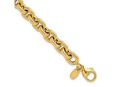 14K yellow gold lightweight fancy link bracelet with polished finish and fancy lobster clasp. Measures approximately 8"L x 1/4"W. Formal Gold Rolo Chain Bracelet, Formal Gold Bracelet With Rolo Chain, Gold Oval Link Charm Bracelet For Formal Occasions, Formal Gold Chain Link Bracelet With Lobster Clasp, Broken Chain, Pearl Strands, Gold Polish, Gold Material, Bracelet Designs