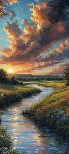 a painting of the sun setting over a river