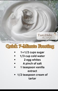 the ingredients for quick 7 - minute frosting recipe are shown in this graphic diagram