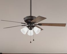 a ceiling fan with three light bulbs hanging from it