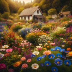 a field full of flowers with a small house in the background and trees on the other side