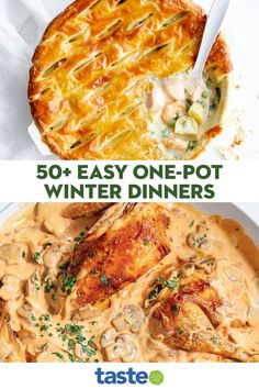 the cover of taste magazine features chicken and gravy in different dishes, with text overlay that reads 50 + easy one - pot winter dinners