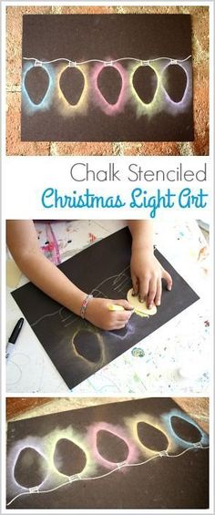 chalk stenciled christmas light art project for kids to do with their hands and feet