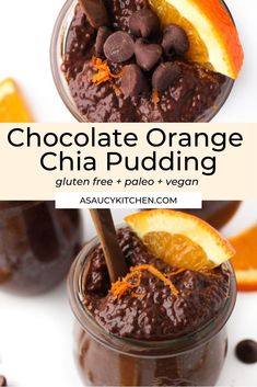 chocolate orange chia pudding in a jar with an orange slice