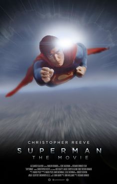 the movie poster for superman, starring in which he is flying through the air with his cape