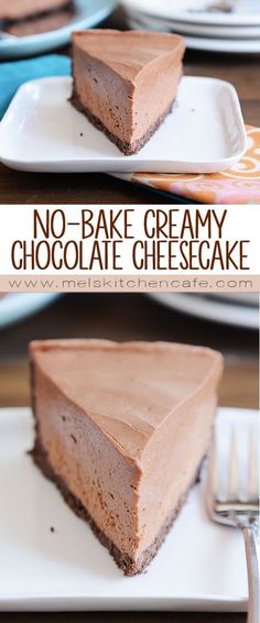 no - bake creamy chocolate cheesecake on a white plate