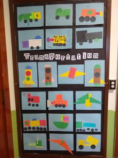 a door decorated with construction themed paper cut outs and magnets on the doors to help kids learn transportation