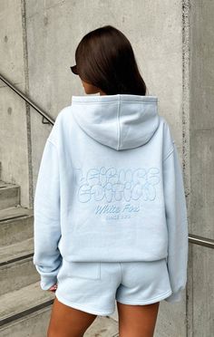 Leisure Edition Oversized Hoodie Baby Blue Jessie Outfits, Hoodie Season, Sweat Sets, Party Rompers, Velvet Prom Dress, Black Tie Gala, Puff Print, White Fox Boutique, Insta Post