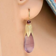 Jane Eyre 14k Gold, Amethyst and Garnet Earrings Yellow Gold Amethyst Teardrop Earrings, Amethyst And Garnet, Jane Eyre, Garnet Earrings, Rhodolite Garnet, Red Green Yellow, Amethyst Earrings, Drop Earring, Fine Earrings