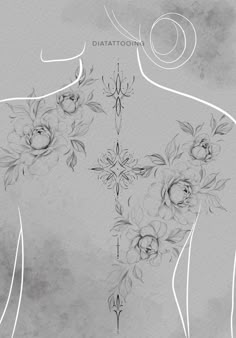 the back of a woman's body with flowers on it and an arrow in the middle