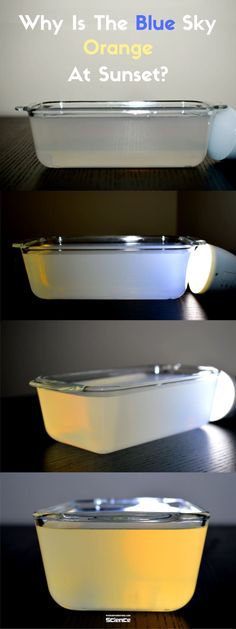 three different views of an orange and white container with the words, why is the blue sky orange at sunset?