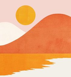 an orange and white painting with the sun setting over a mountain in the distance,